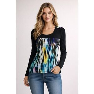 Patrizia Luca‎ Milano Artsy Abstract Gallery Vibe Mesh Top XL Long Sleeve Sheer